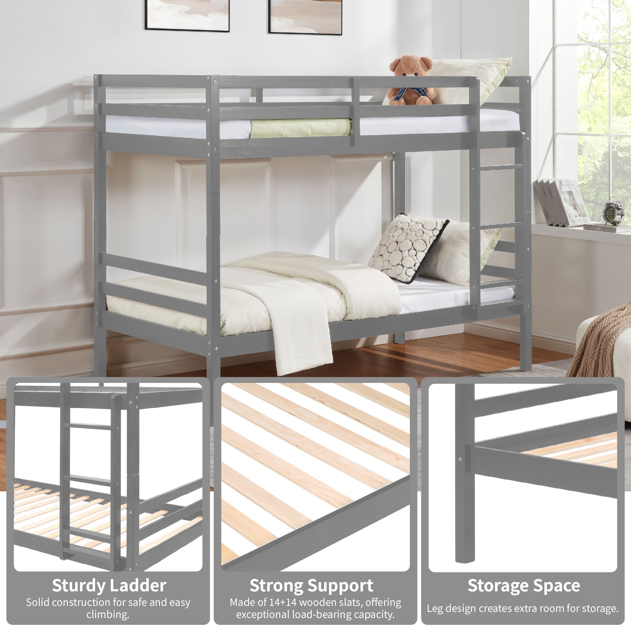 Twin over Twin Bunk Bed with Ladder,Wooden Bunk Bed with High Guardrail and Ladder for Kids, Teens, Dorm Rooms, and Guest Rooms,No Box Spring Needed,Grey Twin over Twin Bunk Bed with Ladder,Wooden Bunk Bed with High Guardrail and Ladder for Kids, Teens, Dorm Rooms, and Guest Rooms,No Box Spring Needed,Grey